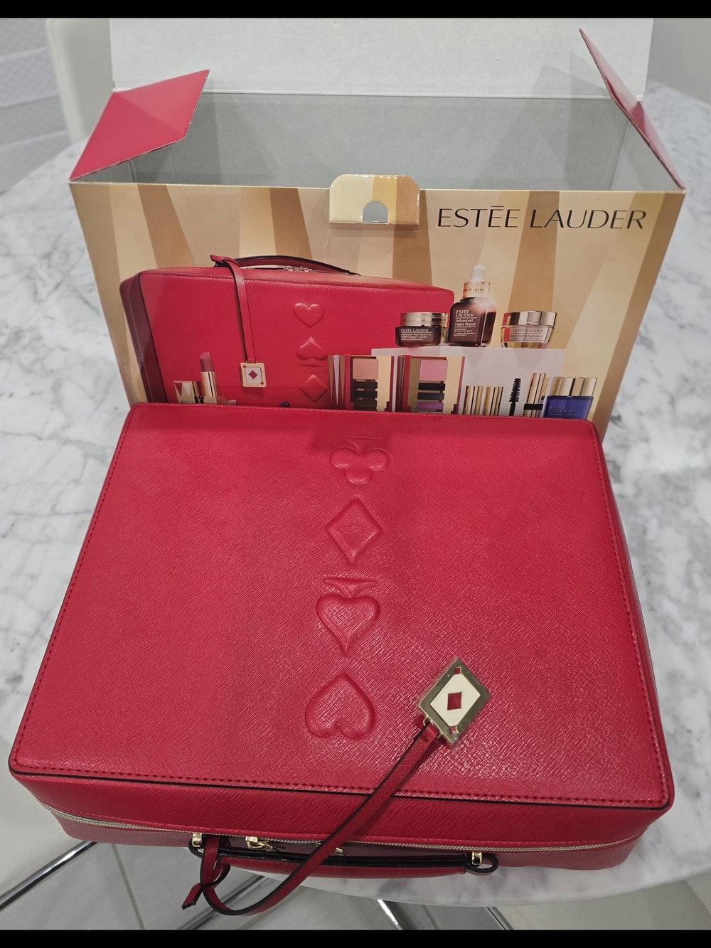 Estee Lauder Bright Red Embossed 12 Full-Size Makeup n Beauty Set